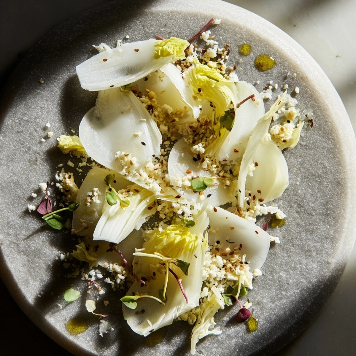 The Tundra Trek: a chilled artistic appetizer with delicate vegetables and sesame seeds.