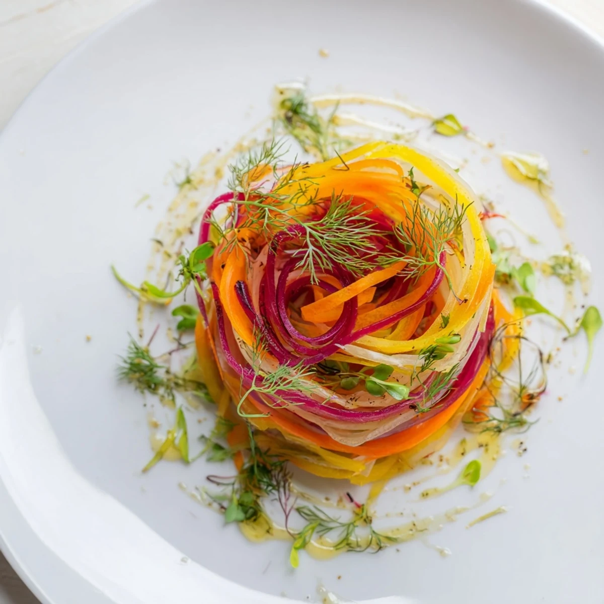 Delicately arranged "Spinning Top" salad with colorful, thinly shaved vegetables and fresh herbs.