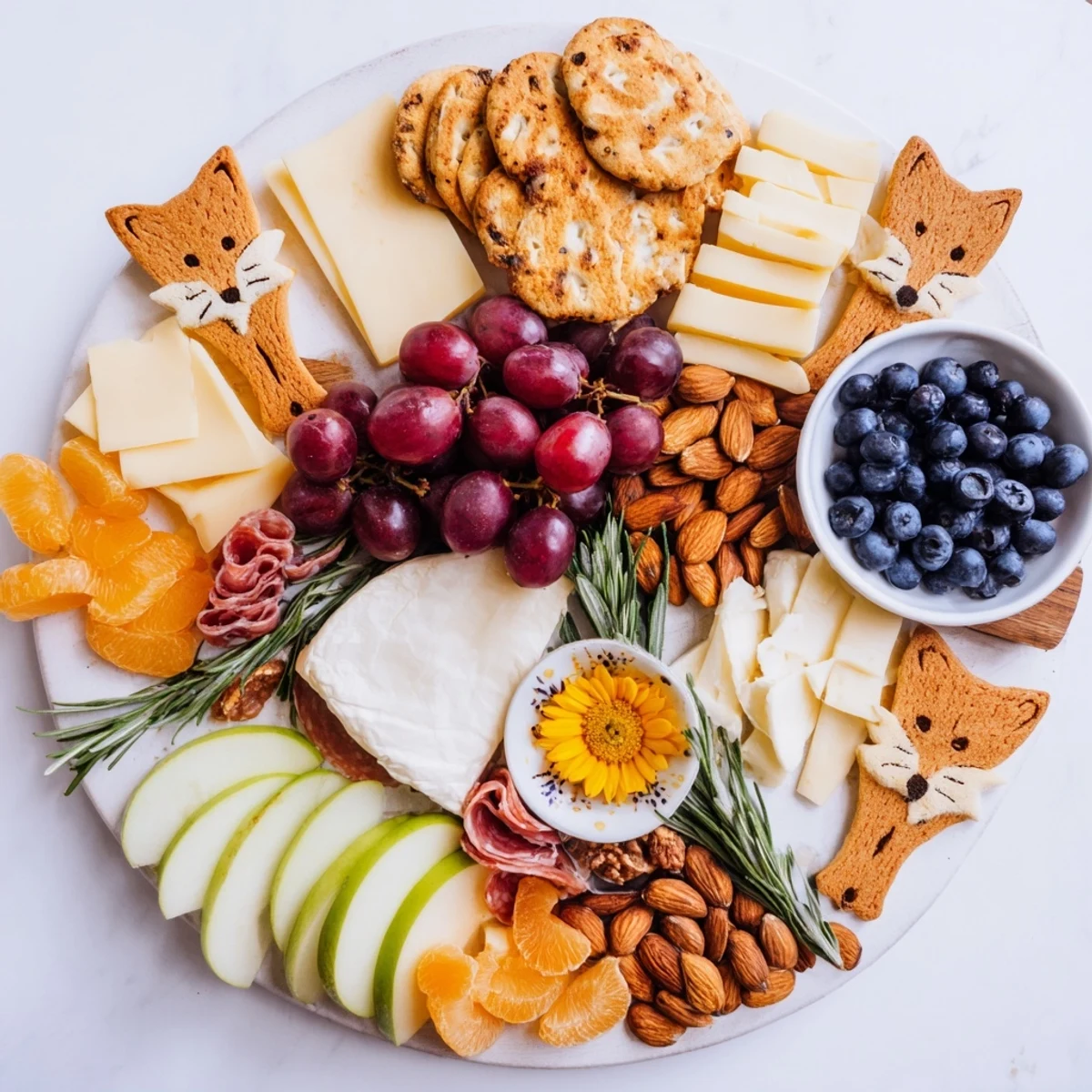 Cozy Forest Animal Board with colorful fruit and cheese, perfect for snacking and gatherings.