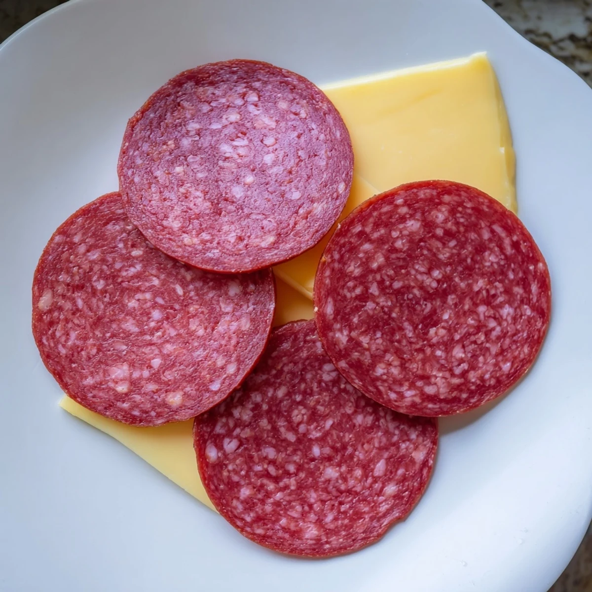 A vibrant Tudor Rose appetizer, salami petals encircle yellow cheese in this easy dish.