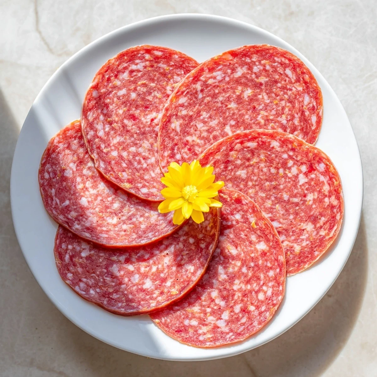 Salty salami petals blooming around cheddar: visually stunning Tudor Rose appetizer ready to serve.