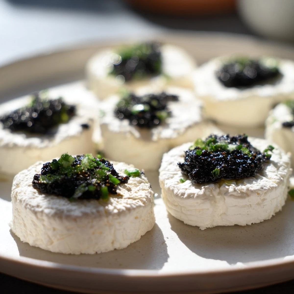 Delicious Victorian Cameo appetizer, a simple yet elegant cheese oval with olive tapenade garnish.