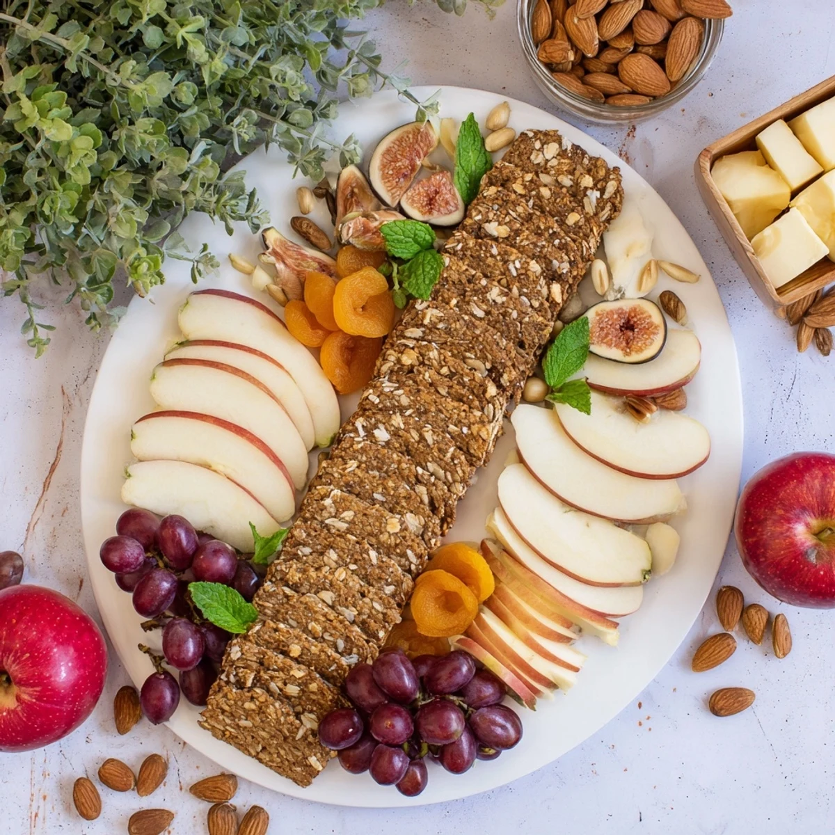 The Harvest Scythe bread and fruit platter, overflowing with fresh breads, grapes, and figs.