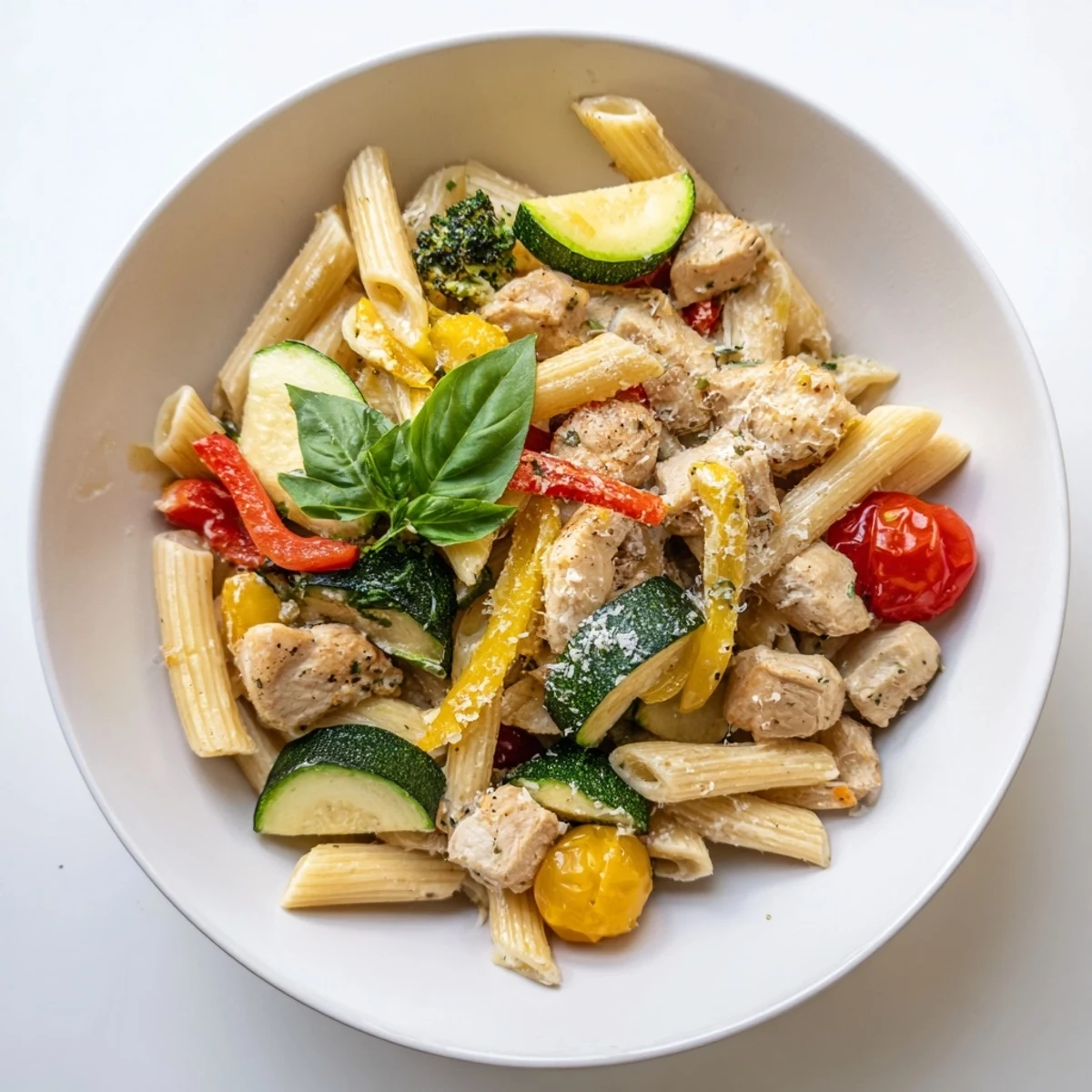 A steaming bowl of 5-4-3-2-1 Pasta Primavera with tender chicken and fresh basil garnish.
