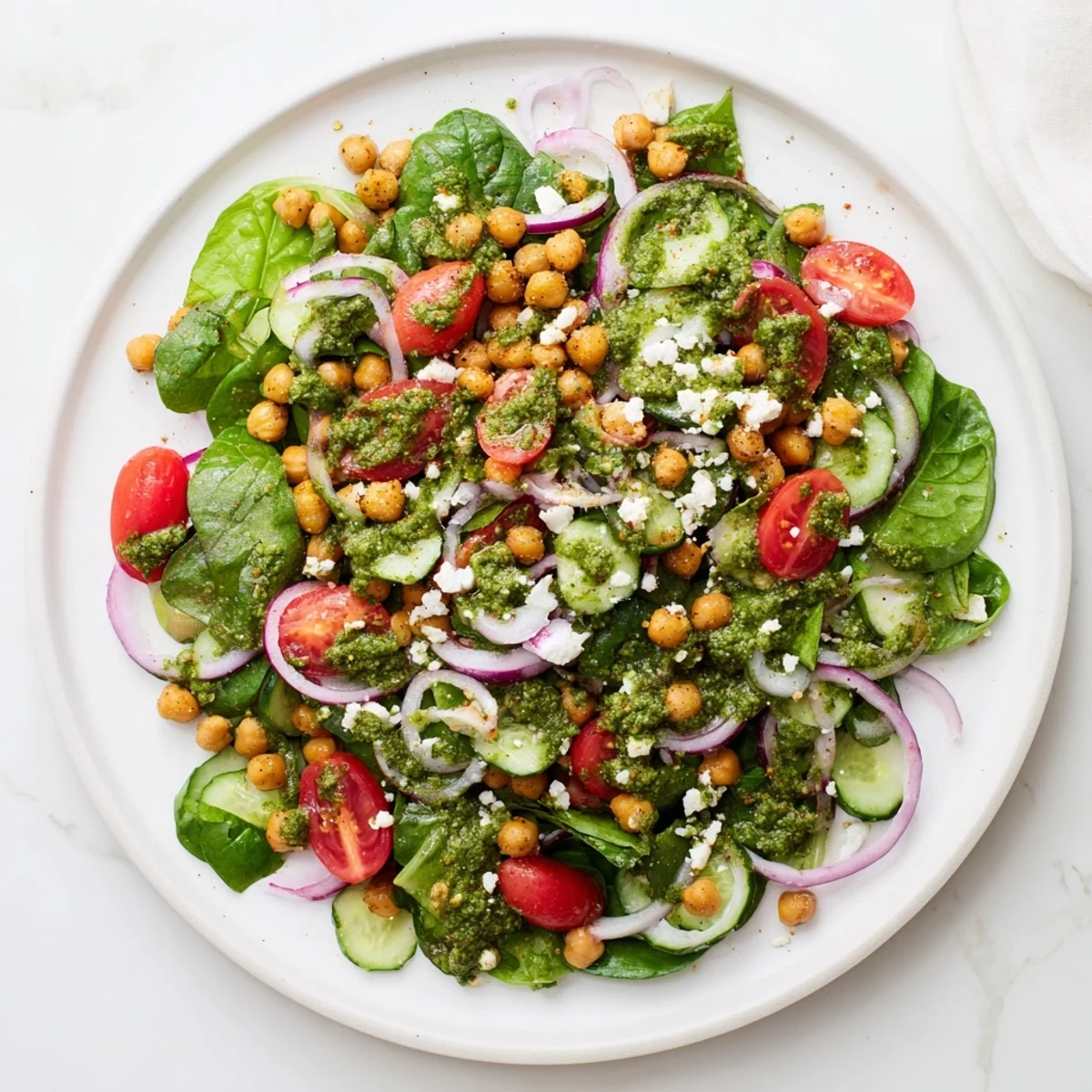 Creamy pesto chickpea and spinach salad, a vibrant vegetarian lunch, ready in just 15 minutes.