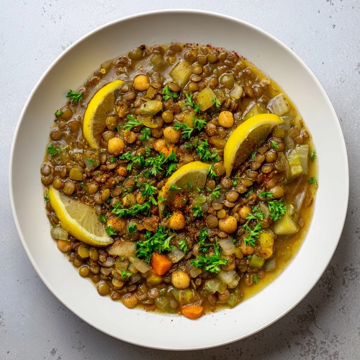 Hearty Middle Eastern Lentil and Chickpea Stew, brimming with warming spices and fresh herbs, ready to serve.
