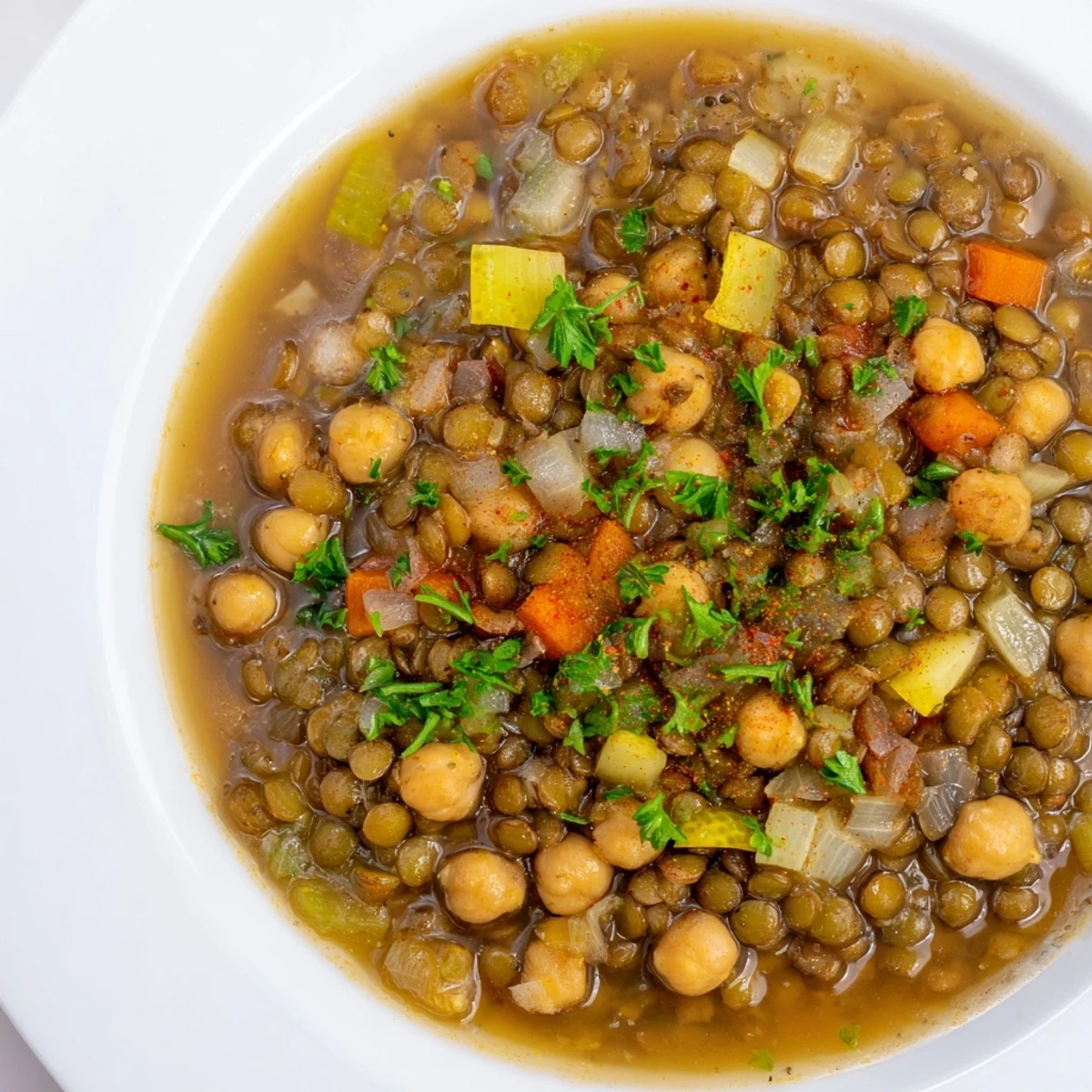 Aromatic Middle Eastern Lentil and Chickpea Stew, a vegan delight, garnished with bright parsley and lemon wedges.
