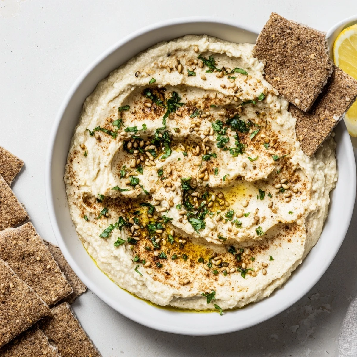 Sandstone Canyon appetizer: creamy hummus layered with crackers, garnished for visual depth and flavor.