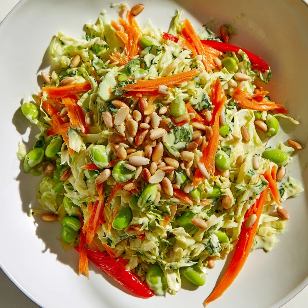 Crisp, colorful Crunchy Cabbage and Edamame Salad topped with toasted almonds and sunflower seeds.