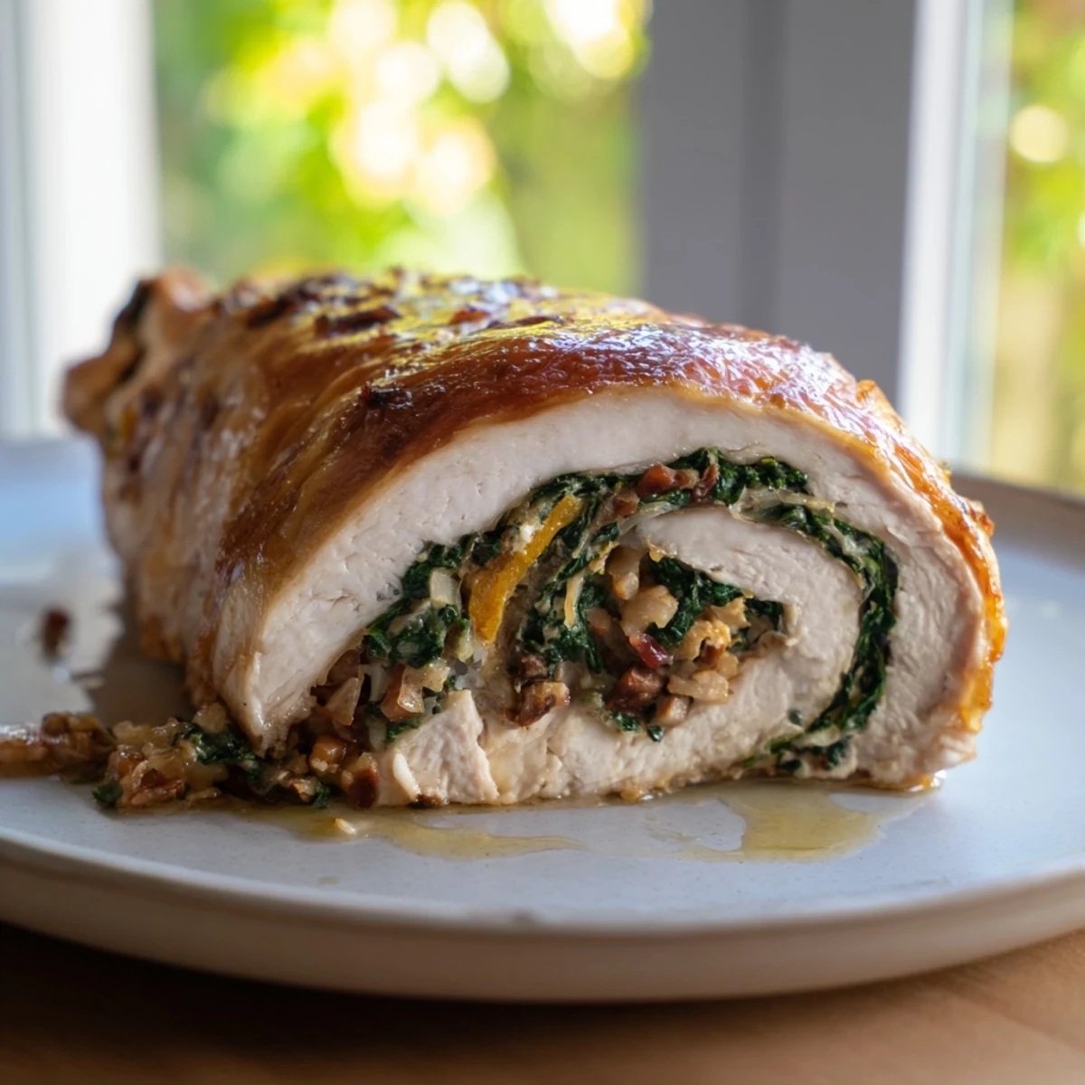Close-up of baked spinach feta stuffed chicken rolls, showing the flavorful Greek filling and herbs.