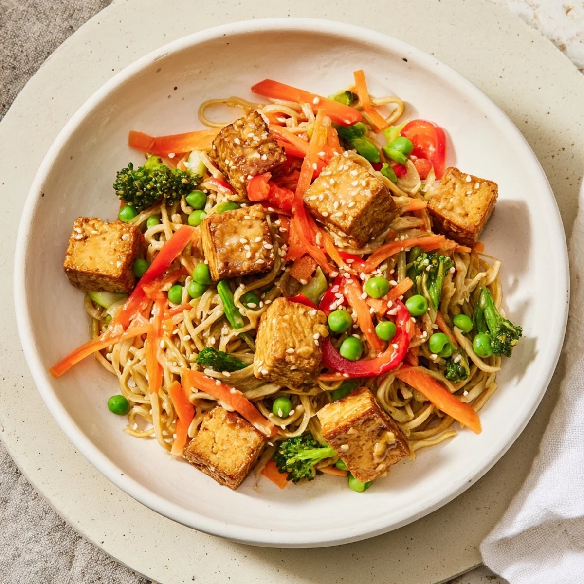 Sesame ginger tofu stir-fry with crispy tofu and vibrant vegetables, ready to enjoy.