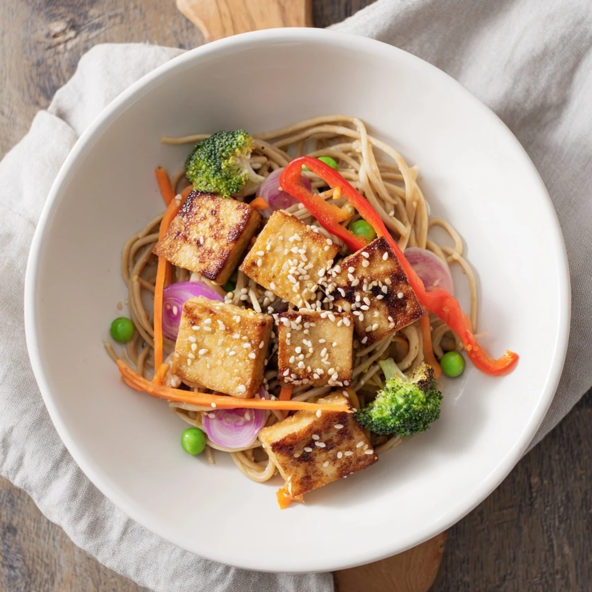 Close-up of sesame ginger tofu stir-fry, showcasing the delicious sauce and noodles in a wok.