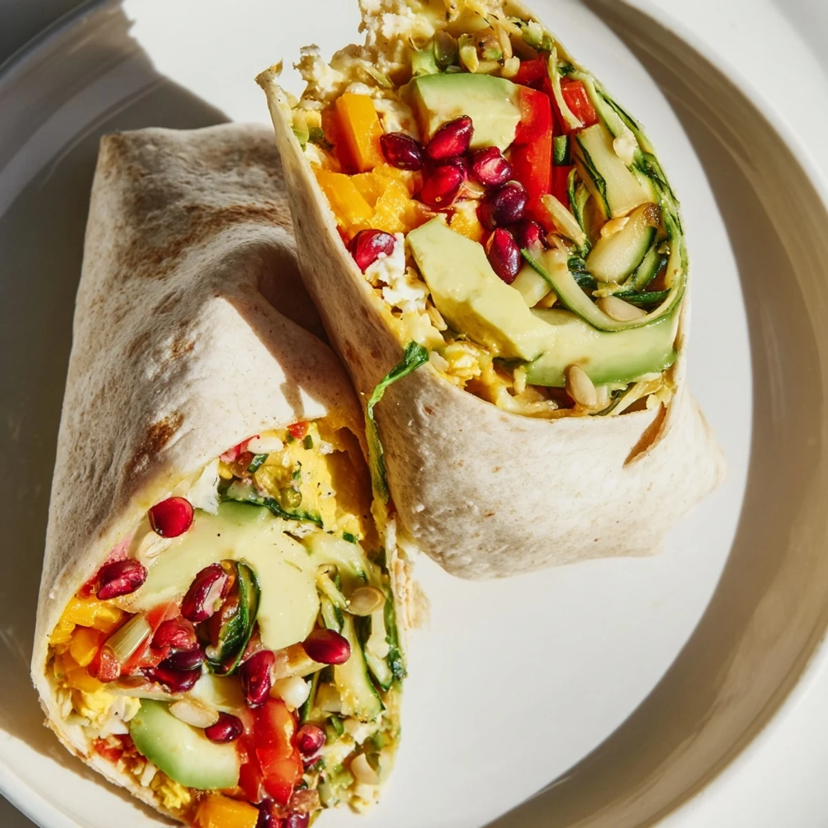 Colorful Veggie-Loaded Breakfast Burrito, overflowing with eggs, avocado, and fresh cilantro, awaits a hungry eater.