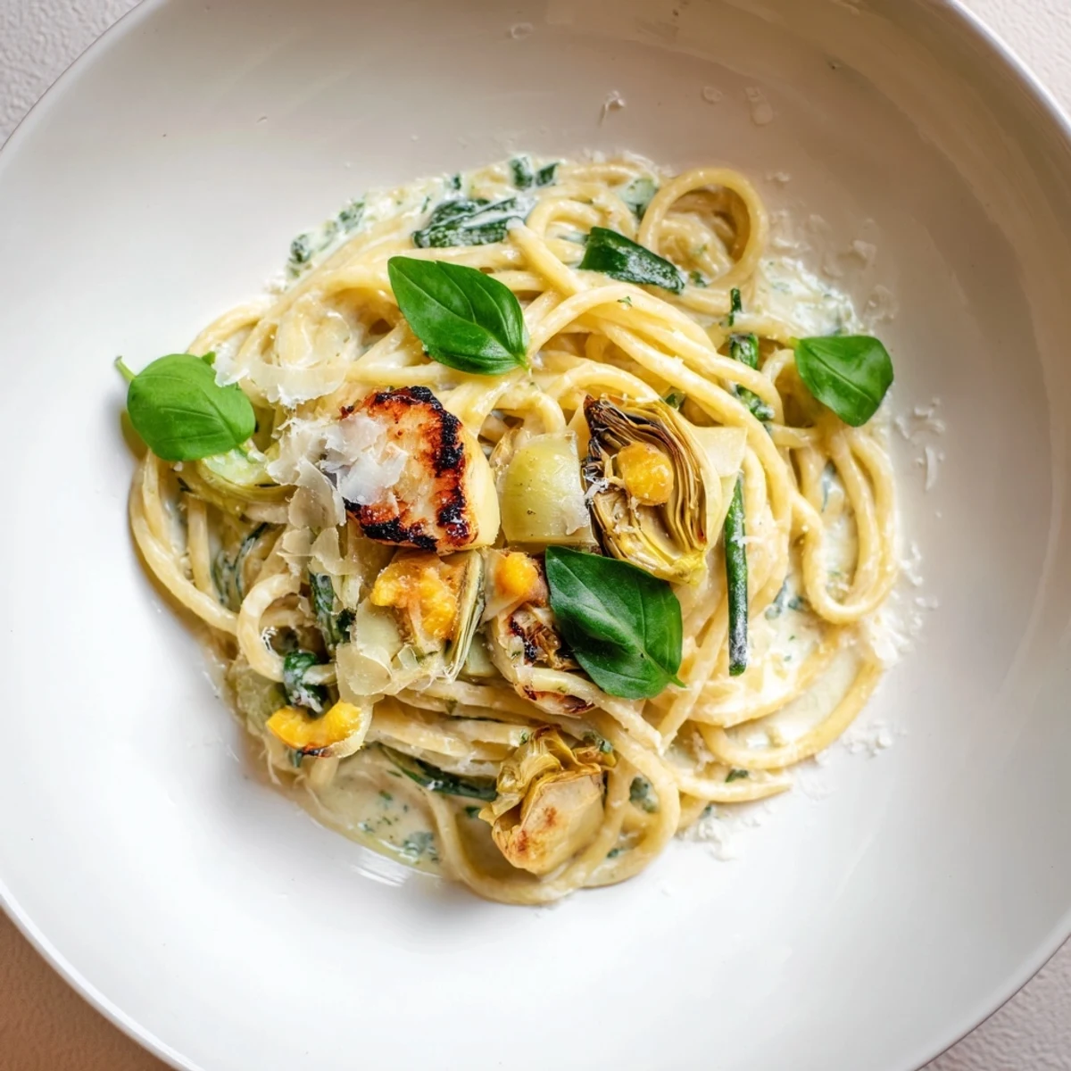 Creamy lemon artichoke pasta, tossed with fresh basil, ready for a comforting Italian dinner.