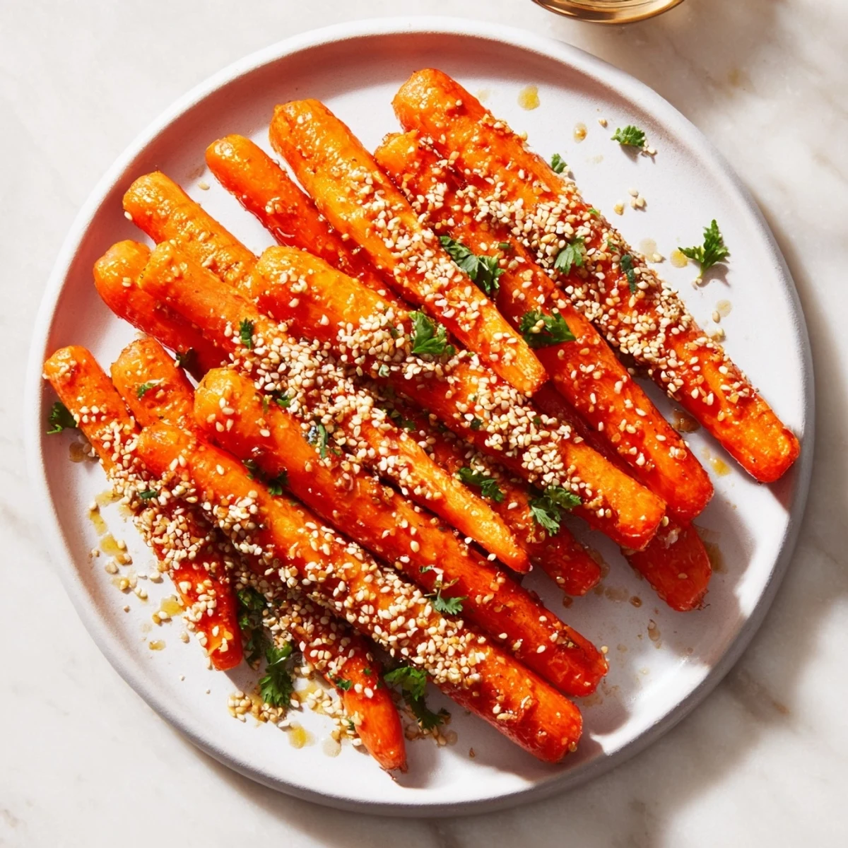 Słodkie, karmelizowane miodem i sosem sojowym pieczone marchewki, wspaniały dodatek do obiadu.