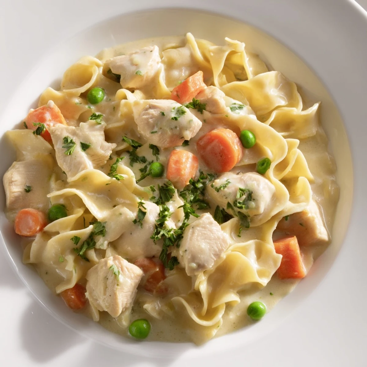 Hearty Creamy Chicken and Egg Noodles with vegetables, a classic comfort food meal.