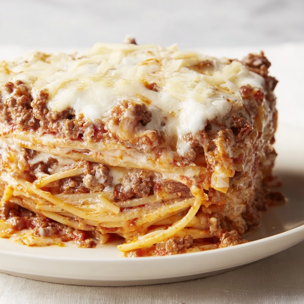 A bubbling, cheesy pan of Million Dollar Spaghetti, a rich baked pasta dish.
