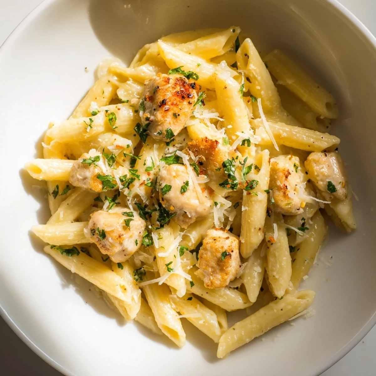 Golden chicken bites and pasta tossed in creamy Quick Garlic Parmesan Chicken Pasta sauce, garnished with parsley.