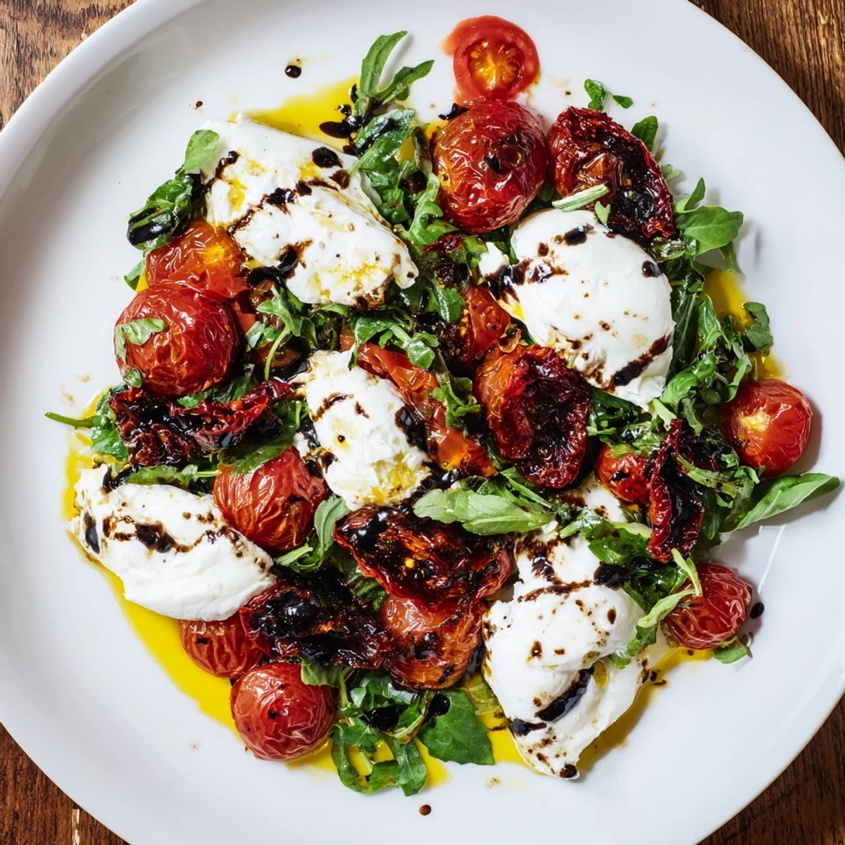 Tomato Flight Salad with vibrant roasted tomatoes and creamy burrata cheese.