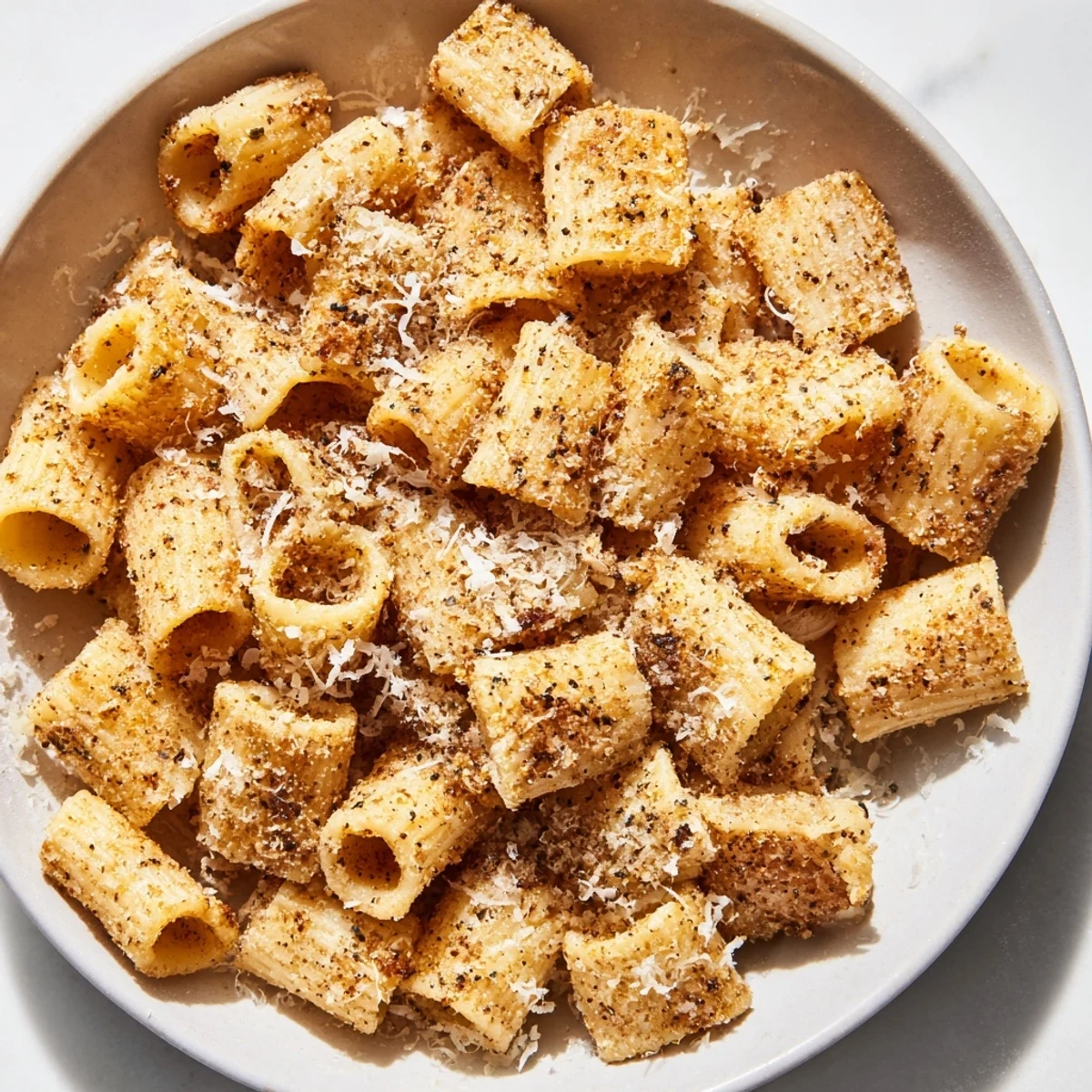 Golden, crispy air-fried pasta chips, sprinkled with Parmesan, perfect for dipping with marinara.