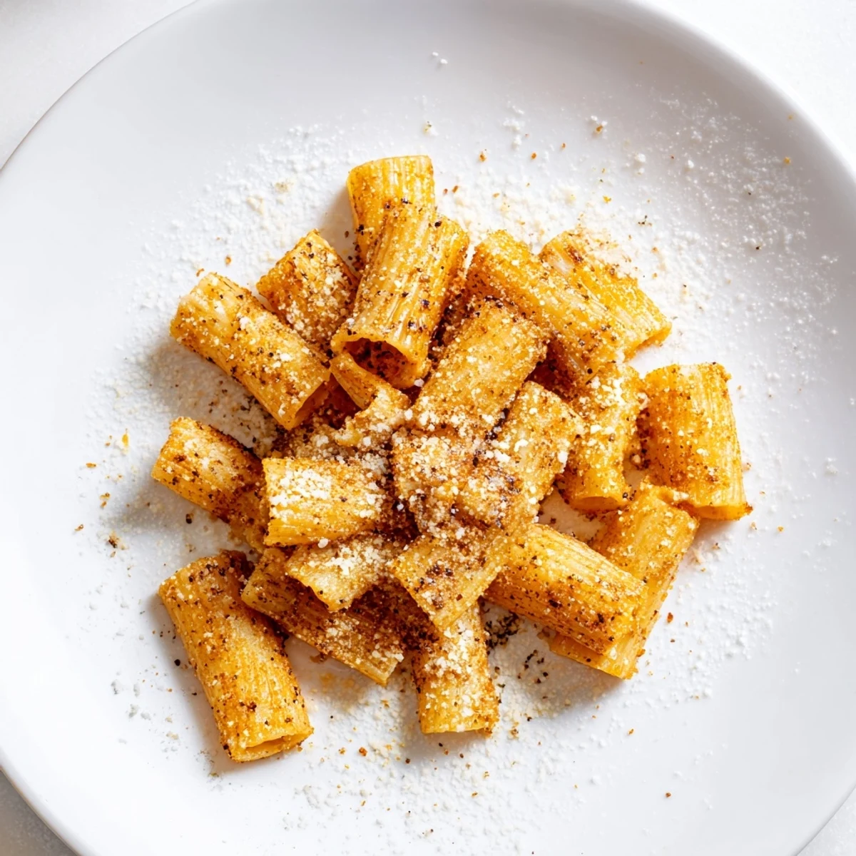 Close-up of golden brown pasta chips, seasoned with herbs, a delicious Italian-American snack.