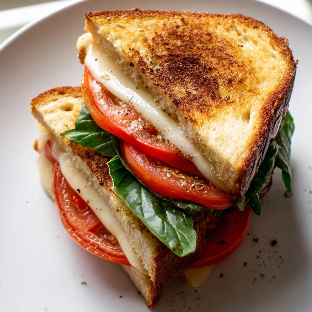 Pyszne grillowane kanapki z pomidorami i bazylią, z roztopionym serem w grillowanym cieście.