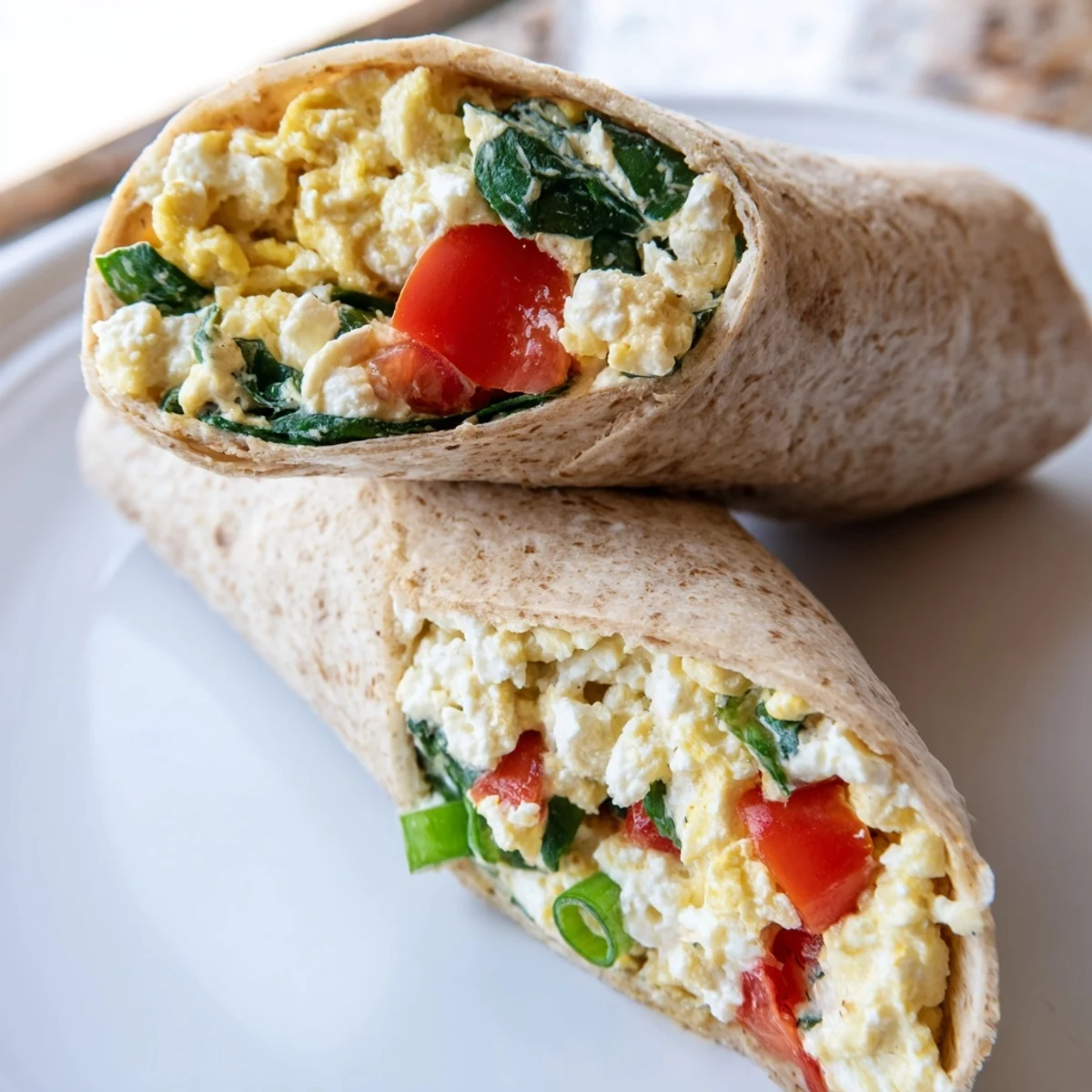 Feta Egg Wrap: A vibrant wrap showcasing fluffy eggs, creamy feta, and fresh veggies, ready to eat.