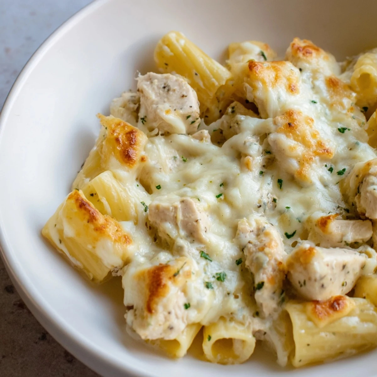 Chicken Alfredo Bake bubbling with golden cheese, featuring creamy sauce and tender chicken, ready to serve.