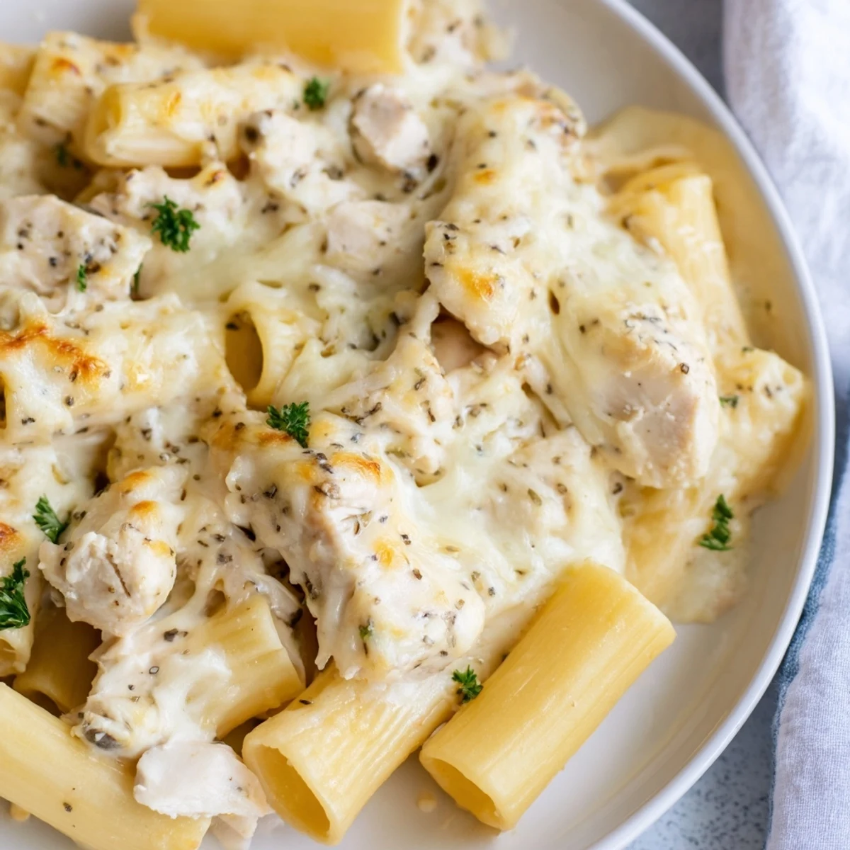 A satisfying Chicken Alfredo Bake, creamy pasta and chicken baked with melted mozzarella cheese for a family dinner.