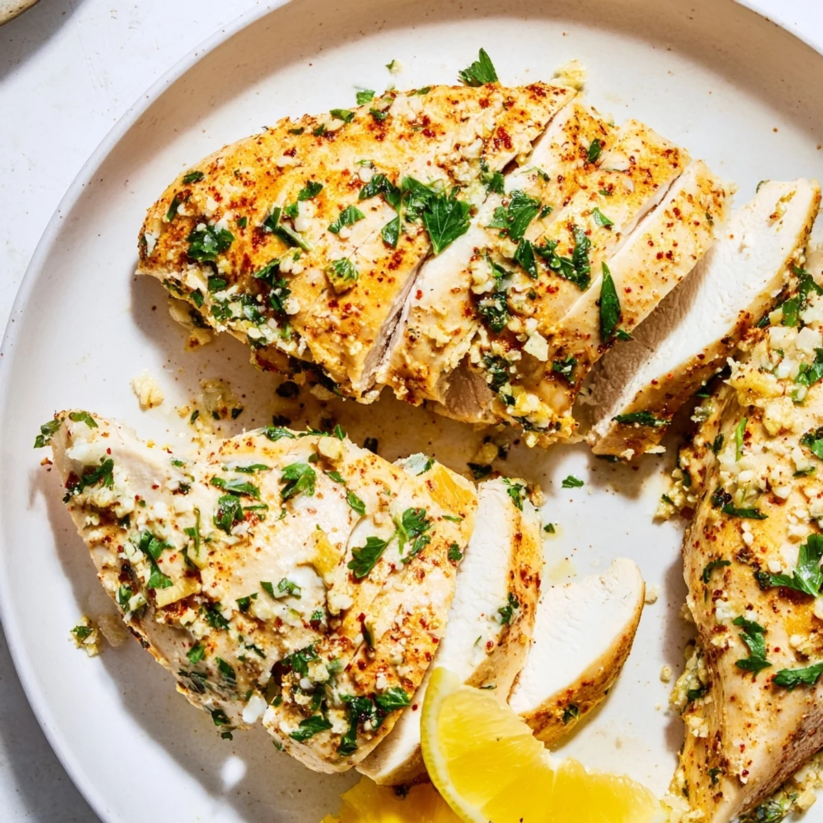 Creamy Greek Yogurt Chicken, a Mediterranean delight, ready to be enjoyed with flavorful herbs.