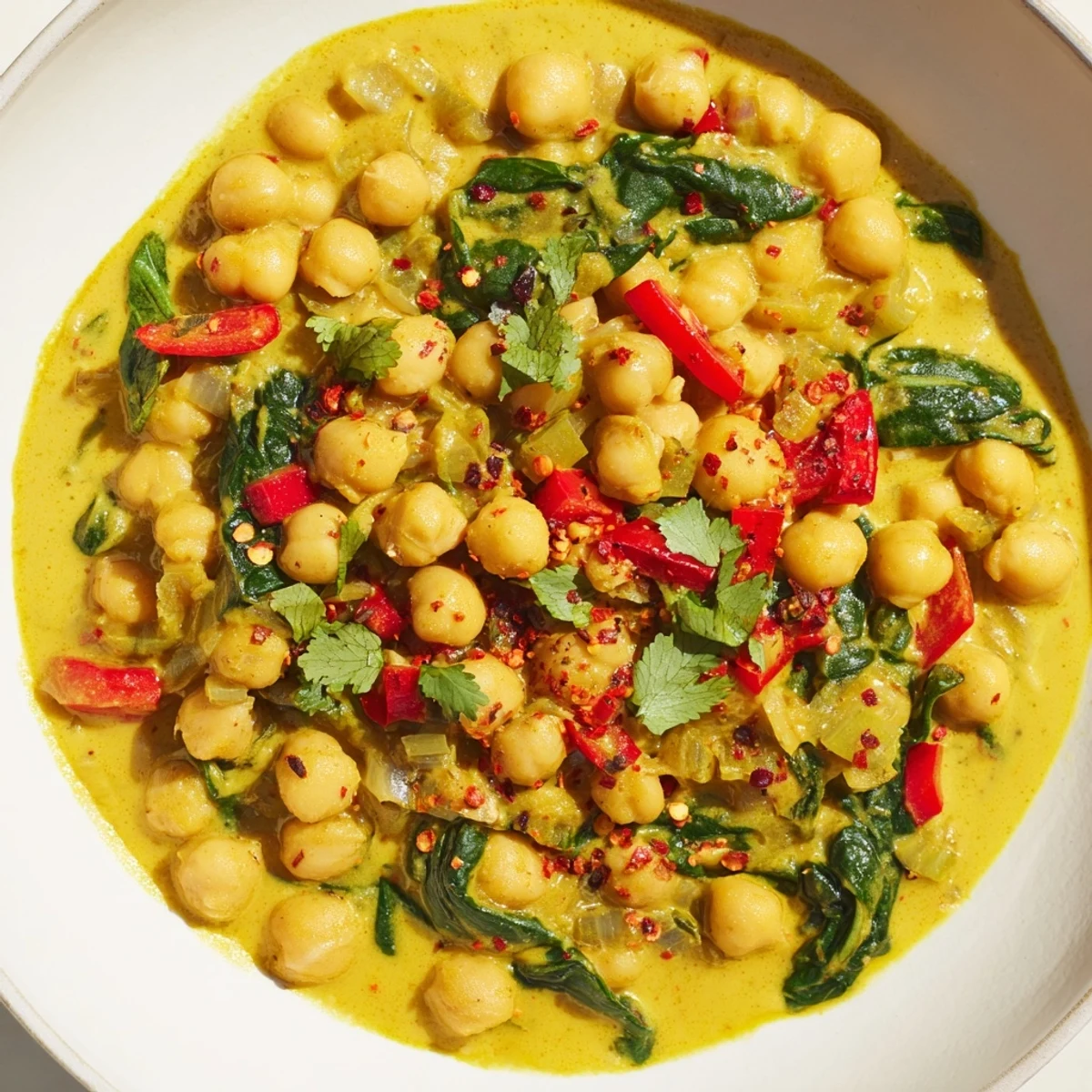 Creamy, flavorful Chickpea Curry served hot, garnished with cilantro and lime wedges, ready to enjoy.