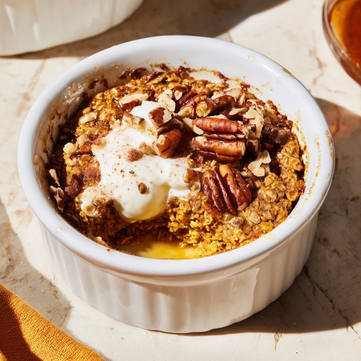 Warm pumpkin spice baked oats, deliciously spiced baked breakfast, served in individual ramekins for easy portions.