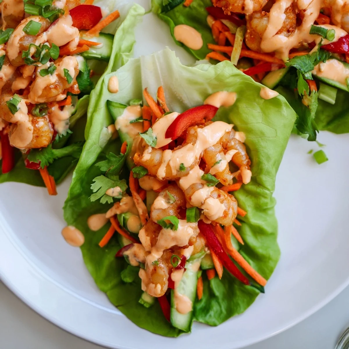 Vibrant close-up of delicious shrimp lettuce cups, showing juicy shrimp and colorful veggies.