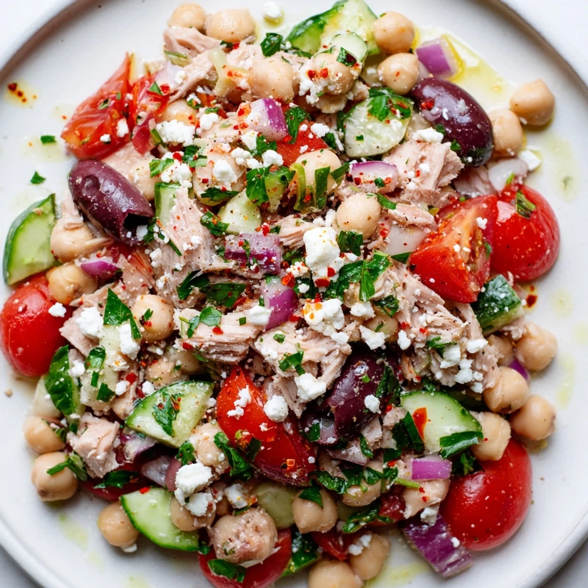 Delicious Tuna Chickpea Salad overflowing in a bowl, perfect for a quick and healthy lunch.