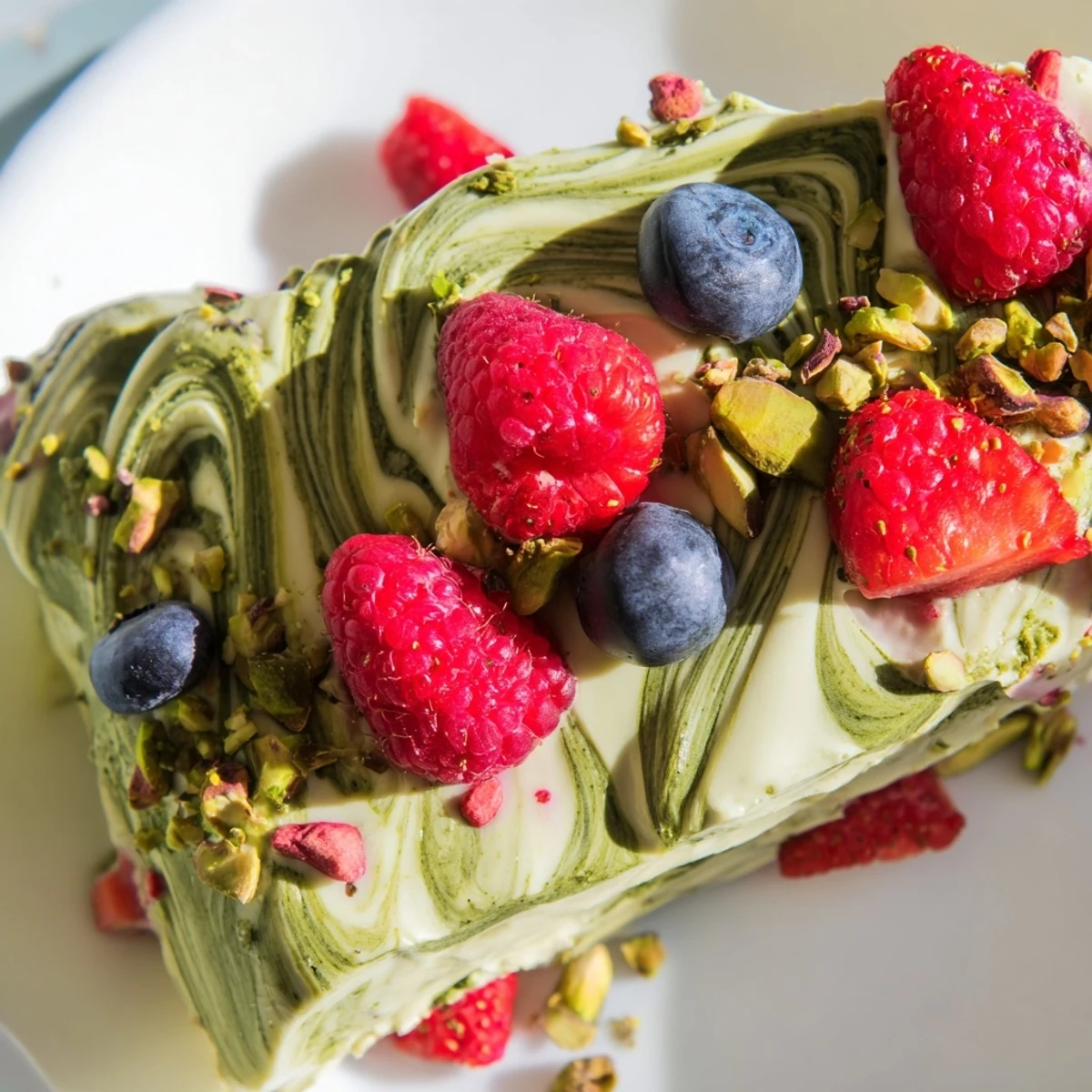 Creamy Frozen Yogurt Bark with berry swirls and pistachios, a refreshing summer dessert.