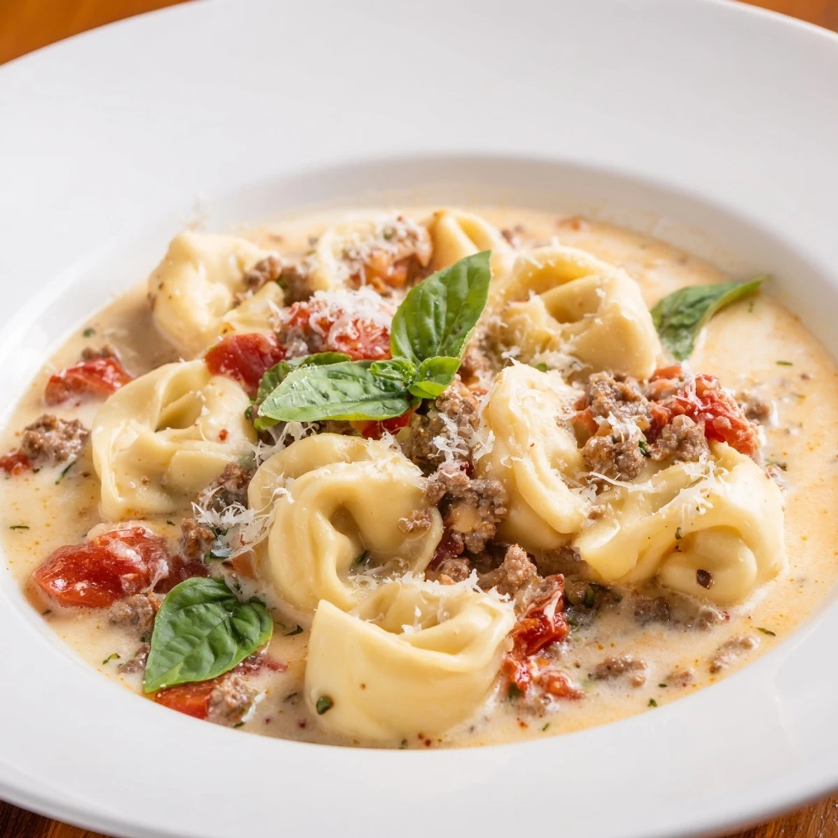 Hearty Tortellini Beef Soup, rich with ground beef, served with fresh basil garnish.