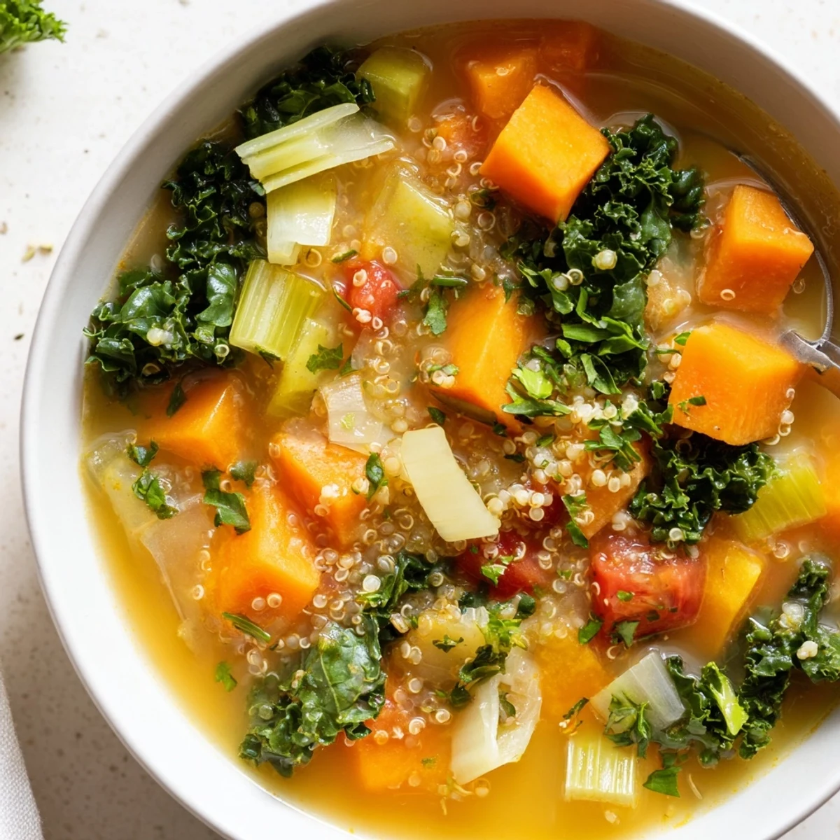 Hearty Nourishing Winter Veggie Soup, a steaming bowl filled with colorful vegetables and fresh parsley.