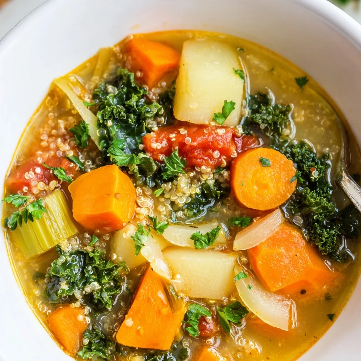 Delicious and comforting Nourishing Winter Veggie Soup with quinoa, ideal for a vegetarian dinner.