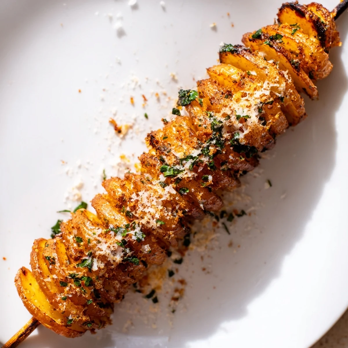 Golden-brown Tornado Potatoes on a skewer, seasoned and ready for a crunchy bite.