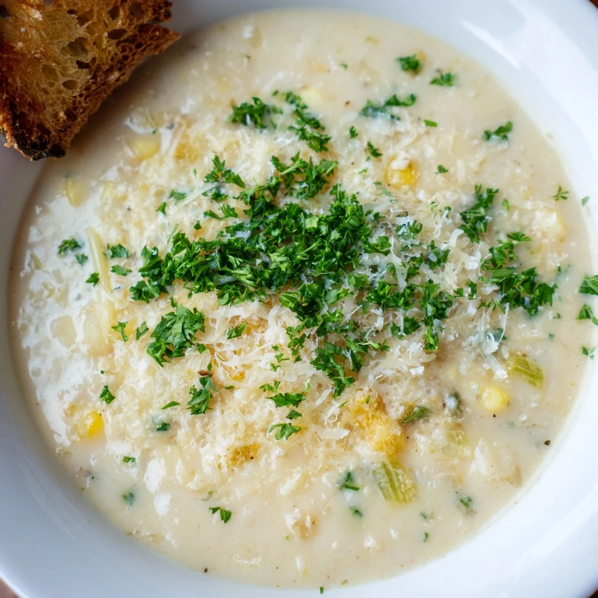 Close-up of a warm bowl of creamy garlic bread soup, garnished with fresh parsley and cheese.