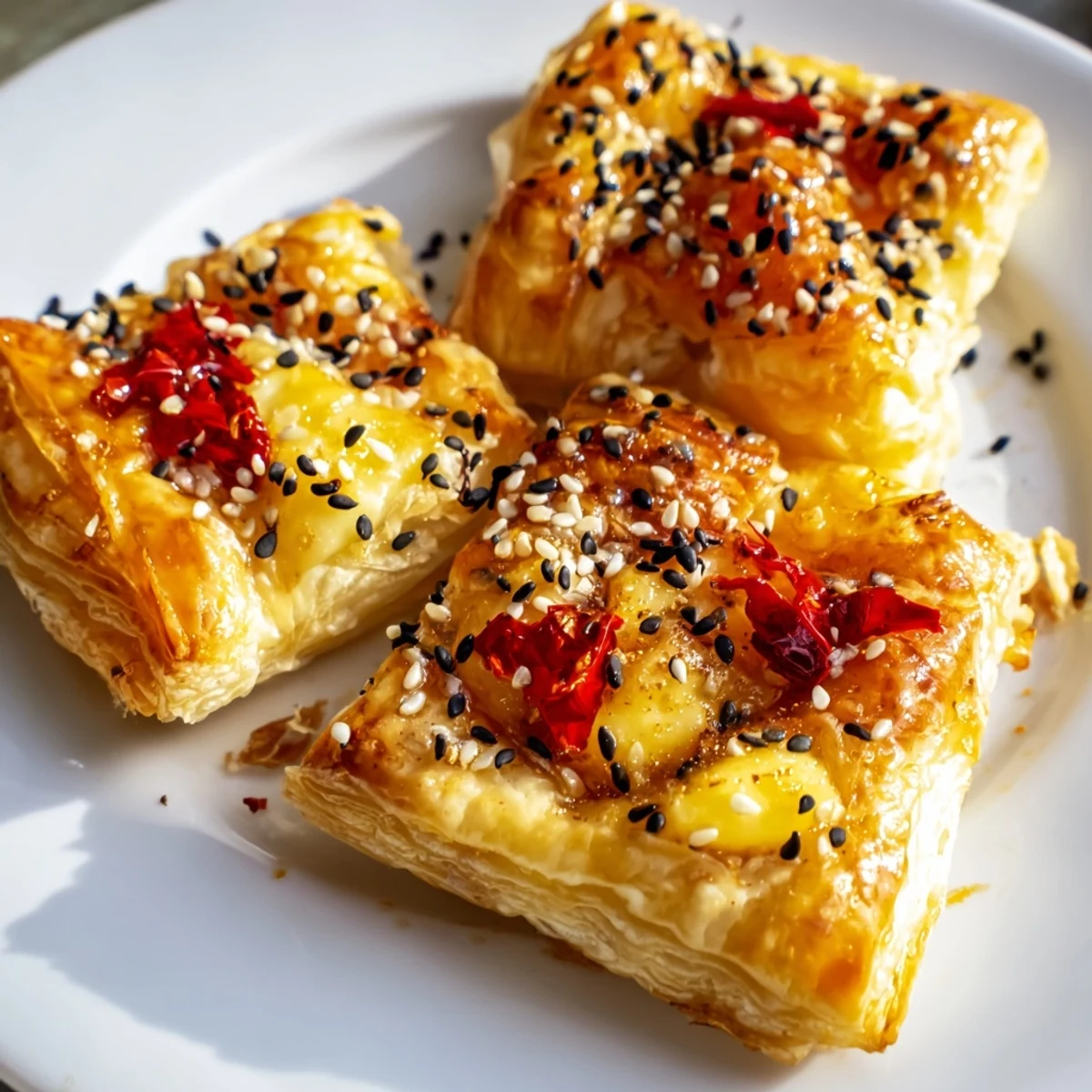 A close-up of Chili Crisp Honey Brie Bites, showcasing the melted cheese and flaky pastry.