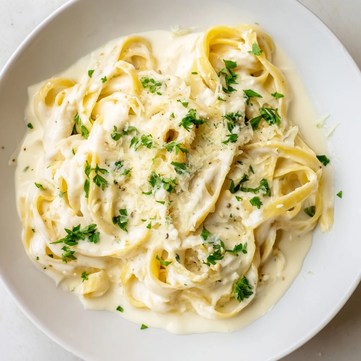 A smooth and luscious bowl of Cottage Cheese Alfredo Sauce, perfect for a high-protein dinner.
