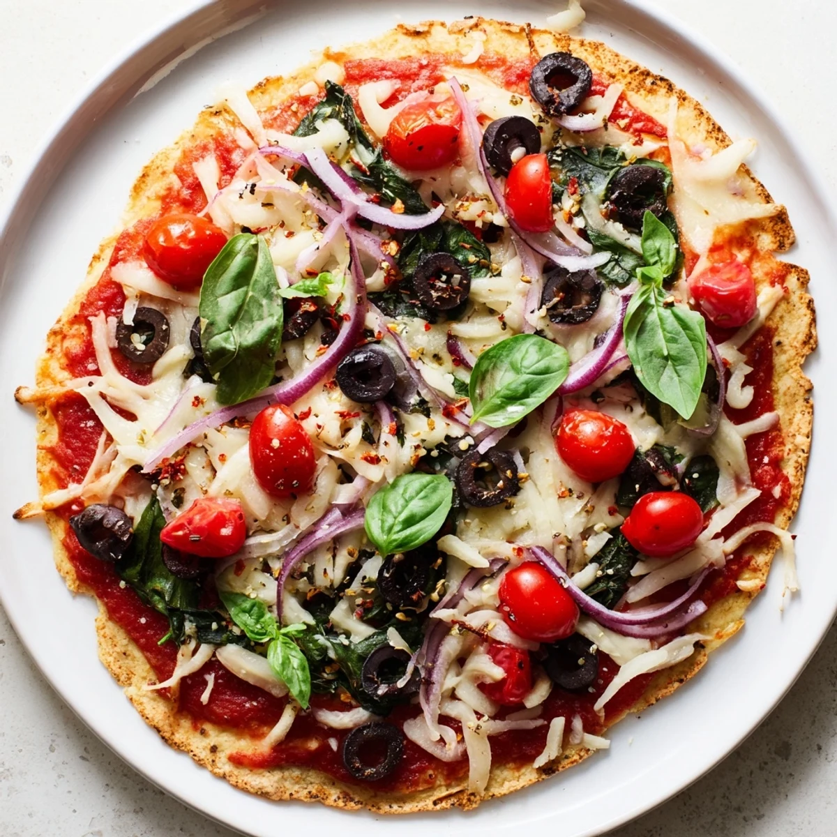 Golden-brown Crispy Tortilla Pizza, loaded with melted cheese and fresh basil, ready to enjoy.