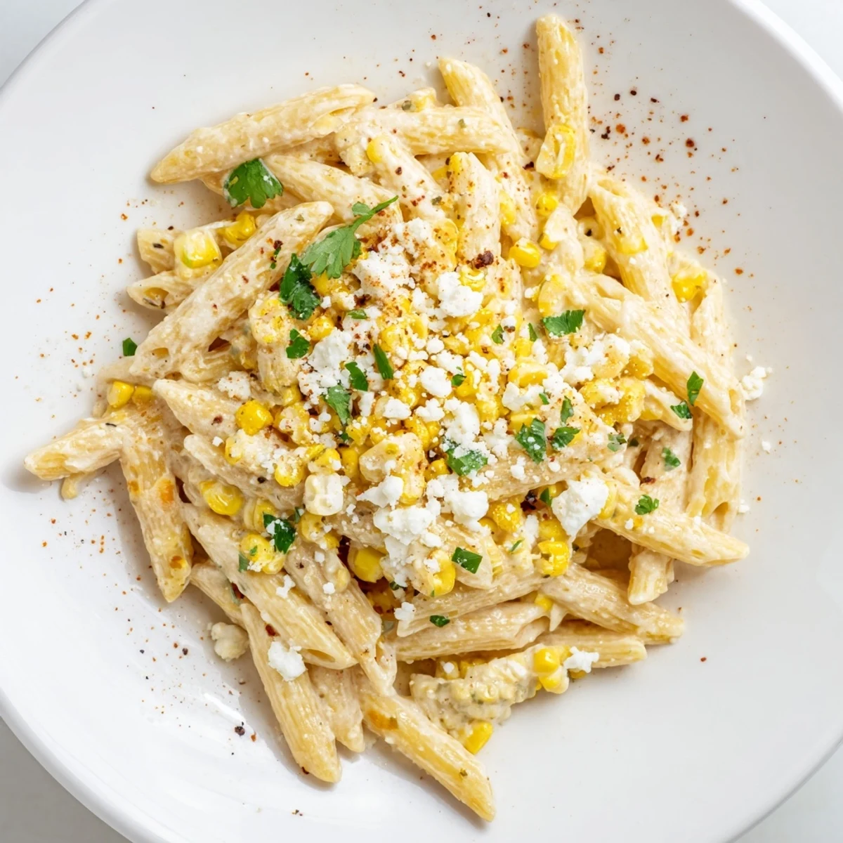 Creamy Mexican Street Corn Pasta, topped with cotija and cilantro, ready to be devoured.