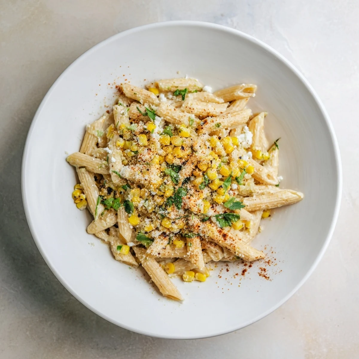 Close-up of a flavorful Mexican Street Corn Pasta, featuring vibrant corn and a luscious sauce.