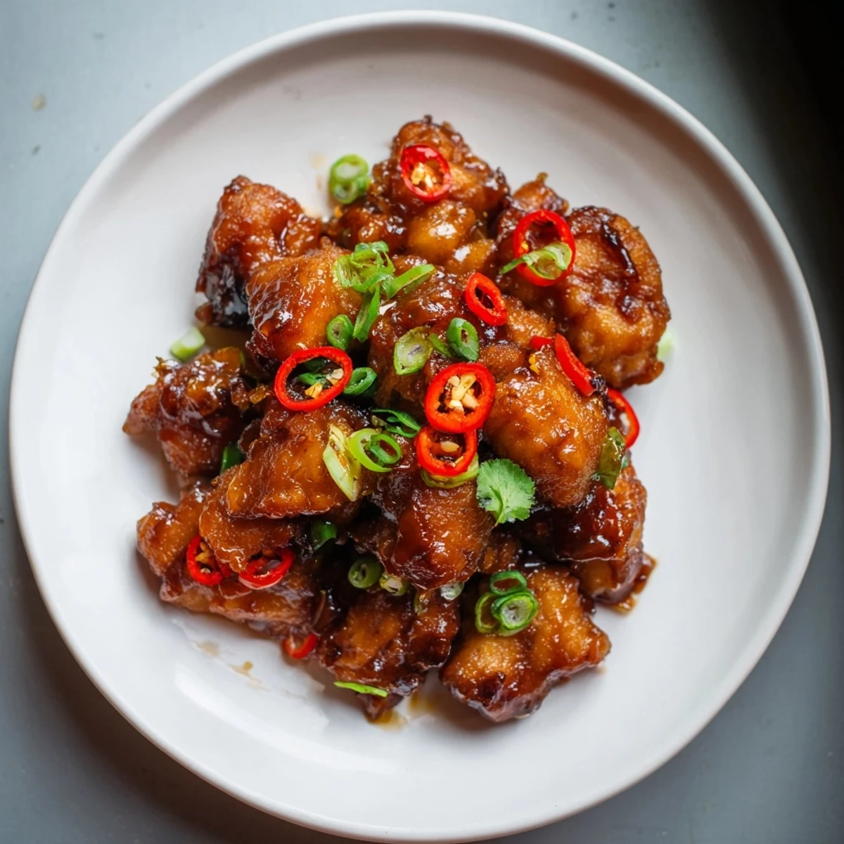 Tender, glistening Vietnamese Caramel Chicken, served hot with fresh herbs and fluffy rice.