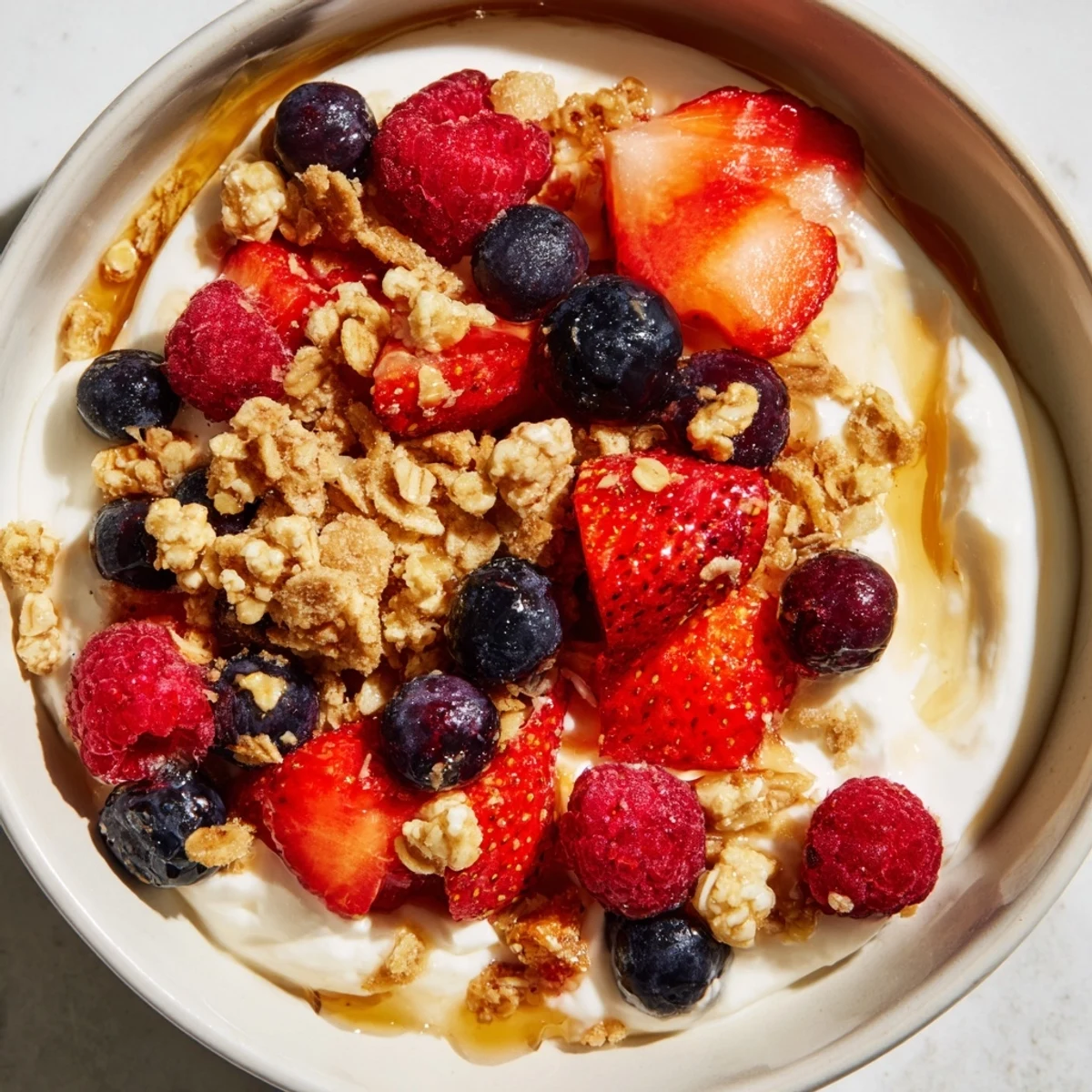 Creamy cottage cheese hot honey bowl: a vibrant mix of berries and granola drizzled with spicy honey.