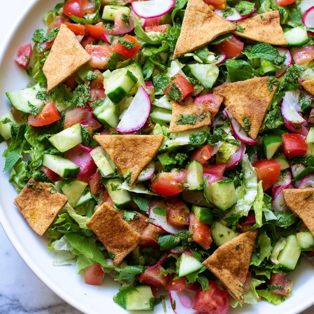 Świeża, kolorowa sałatka Lebanese Fattoush z chrupiącymi chipsami pita i wyraźnym dressingiem.