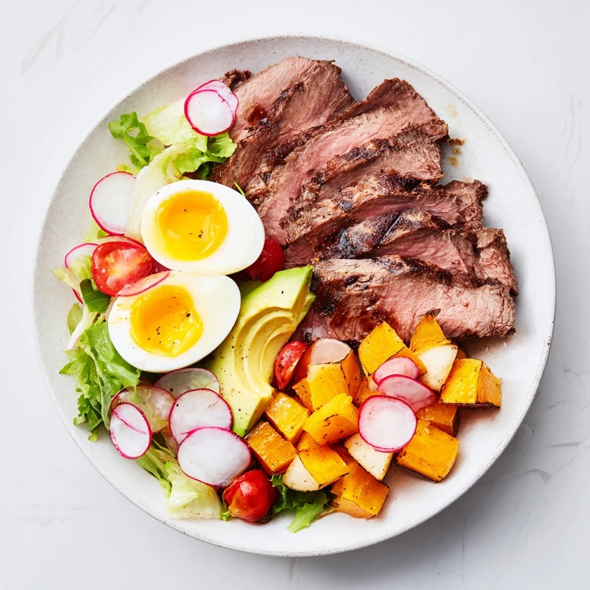 High-Protein Beef Avocado Bowl, featuring seared beef, ripe avocado and a golden-yolked egg.