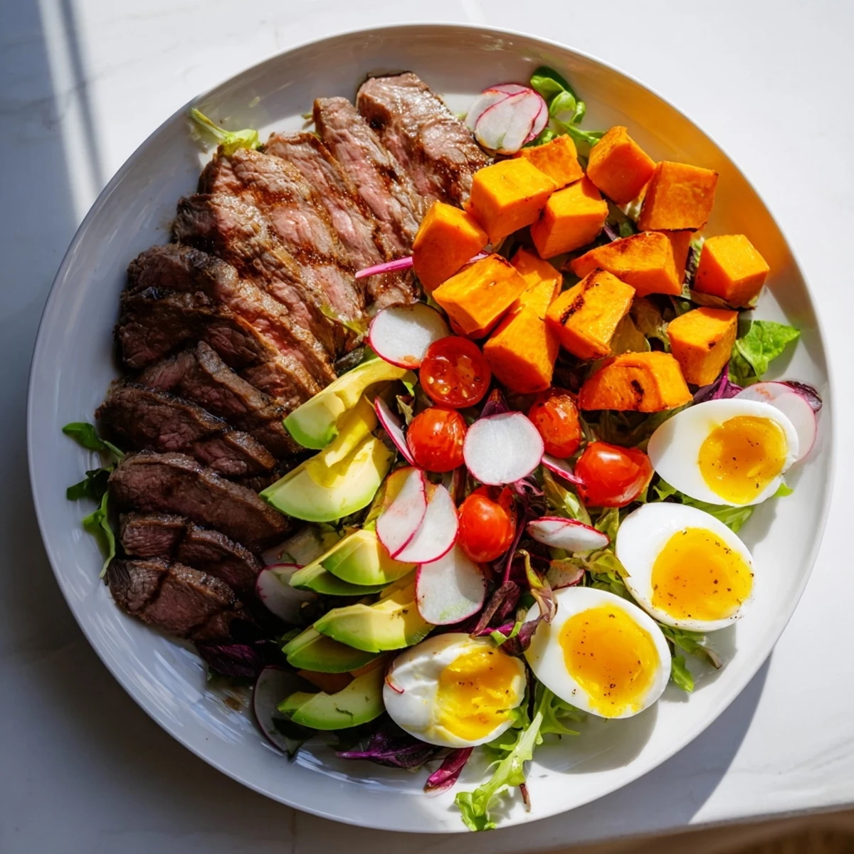 A close-up view of the High-Protein Beef Avocado Bowl with fresh greens and creamy avocado slices.